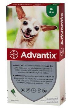Advantix капли от блох и клещей для собак до 4 кг(4 пипетки), арт.,(0372861047223) 037279(47230) фото